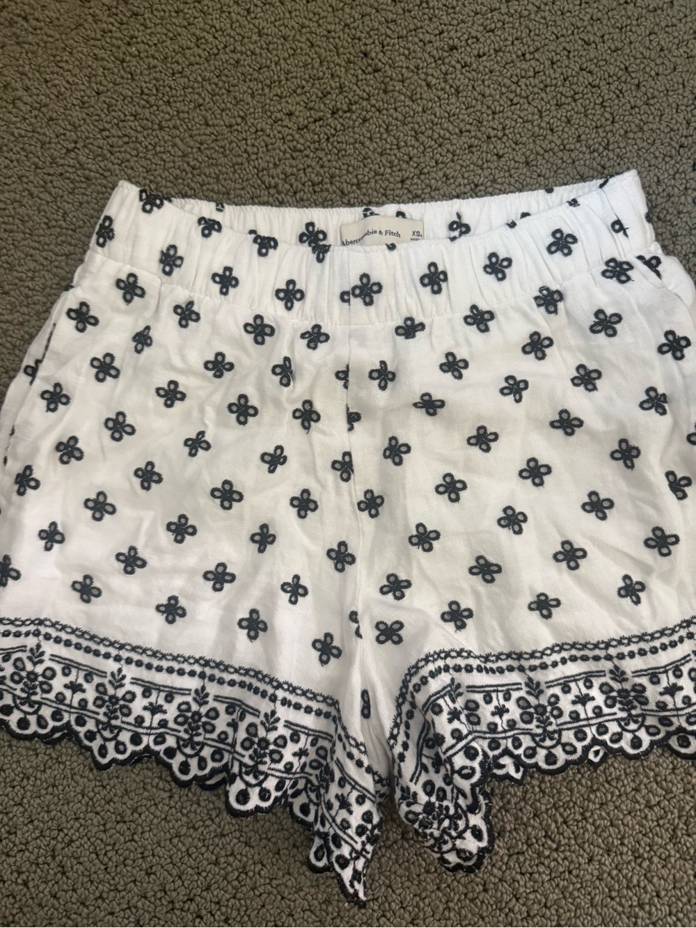 Abercrombie & Fitch White Shorts with Navy Embroidered Floral Trim